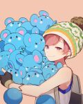  1boy azurill backpack bag beanie black_gloves closed_eyes closed_mouth fingerless_gloves florian_(pokemon) gloves hat holding holding_pokemon looking_at_viewer male_focus open_mouth pink_background pink_eyes pink_hair pokemon pokemon_(creature) pokemon_sv pom_pom_(clothes) pom_pom_beanie red_hair simple_background tank_top tibbar upper_body 