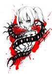  1girl artist_name brassica bug centipede collar collarbone eyelashes forked_tongue highres lip_piercing nose_piercing nose_ring original partially_colored photo-referenced piercing red_eyes red_pupils short_hair solo spiked_collar spikes tongue too_many_eyes twintails upper_body 