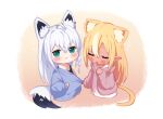  2girls :&lt; ahoge animal_ear_fluff animal_ears bangs blonde_hair blue_shirt blush brown_jacket cat_ears cat_girl cat_tail chibi closed_eyes closed_mouth commentary cropped_torso dark_skin dark_skinned_female eyebrows_visible_through_hair fox_ears fox_girl fox_tail green_eyes hair_between_eyes hololive jacket kemonomimi_mode long_hair looking_at_viewer multicolored_hair multiple_girls open_clothes open_jacket parted_lips pointy_ears sasaki_(glass1138) shirakami_fubuki shiranui_flare shirt streaked_hair symbol_commentary tail upper_body very_long_hair virtual_youtuber white_hair white_shirt 