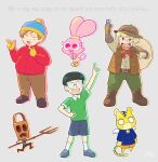  1girl 3boys absurdres arm_up beanie bell belt black_footwear black_hair black_shorts blonde_hair blue_gemstone blue_hat bowl_cut brown_belt brown_footwear brown_gloves brown_pants brown_vest chibi_maruko-chan chowder_(series) coat codename:_kids_next_door coke-bottle_glasses copyright_request eric_cartman furry furry_female gem glasses gloves green_pants green_shirt grey_background grey_shirt hat heinrich_von_marzipan highres holding holding_gem holding_sack lenore_the_cute_little_dead_girl monocle multiple_boys neck_bell neckerchief open_mouth over_shoulder panini_(chowder) pants pointing pointing_up pom_pom_(clothes) pom_pom_beanie pooty_applewater red_coat red_neckerchief sack shirt shorts south_park sueo_maruo tiger translation_request tsunoji vest white_wings wings yellow_gloves 
