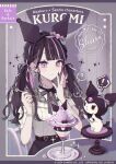  1girl 2024 akakura artist_name black_hair black_hairband black_nails black_ribbon character_name closed_mouth collared_shirt earrings food hair_ribbon hairband highres holding holding_spoon jewelry kuromi long_hair looking_at_another low_twintails multicolored_hair multiple_rings neck_ribbon onegai_my_melody purple_eyes purple_hair purple_ribbon ribbon ring sanrio shirt short_sleeves sitting solo spoon twintails watch white_shirt wristwatch 
