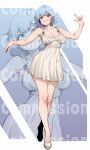  1girl \m/ absurdres blue_eyes blue_hair blush breasts cleavage collarbone commission crossed_legs dammit dress full_body grin highres large_breasts looking_at_viewer medium_hair original smile solo watson_cross white_dress zoom_layer 