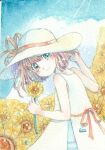  1girl artist_name bare_shoulders blue_eyes blue_sky brown_hair cloud dress flower hat hat_ribbon highres holding holding_flower lico_(lico_sumire) light_blush looking_at_viewer original painting_(medium) red_ribbon ribbon signature sky sleeveless sleeveless_dress smile solo sun_hat sunflower traditional_media upper_body watercolor_(medium) white_dress yellow_flower 
