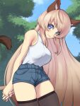  1girl :3 ahoge animal_ears arms_behind_back bare_shoulders black_legwear blonde_hair blue_eyes blurry blurry_background blush breasts cat_ears cat_tail closed_mouth contrapposto cowboy_shot day denim denim_shorts eyebrows_visible_through_hair from_side hands_together highres interlocked_fingers large_breasts leaning_forward long_hair looking_at_viewer machiko_(nekodeito) off-shoulder_shirt off_shoulder original outdoors shirt shirt_tucked_in short_shorts shorts sideboob sidelocks sideways_glance silentine skindentation sky sleeveless sleeveless_shirt smile solo tail tented_shirt thick_thighs thighhighs thighs tree turtleneck very_long_hair white_shirt 