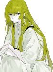  1other androgynous crossed_arms enkidu_(fate) expressionless fate/grand_order fate_(series) green_hair hair_between_eyes highres kingu_(fate) long_hair looking_at_viewer nonobe9781 purple_eyes robe simple_background solo upper_body very_long_hair white_background white_robe 