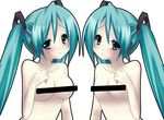  blue_eyes blue_hair blush breasts censored hatsune_miku long_hair lowres nude small_breasts twintails very_long_hair vocaloid yusya 