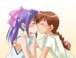  artist_request blush bow braid closed_eyes couple gakkou_no_kaidan_(anime) hair_ribbon kiss koigakubo_momoko long_hair miyanoshita_satsuki multiple_girls non-web_source pink_bow ponytail profile ribbon shirt short_sleeves sleeveless yuri 