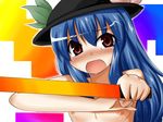  artist_request blue_hair flat_chest food fruit hat hinanawi_tenshi long_hair nipples peach solo sword sword_of_hisou tears touhou upper_body weapon 