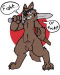  2019 animal_genitalia animal_penis anthro balls black_text brown_fur canid canine canine_penis english_text eye_patch eyewear fur furry_kobold grin kobold male mammal melee_weapon nude penis pose sheath smile solo sword text trout_(artist) weapon 