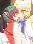  animal_ears blonde_hair bloomers blush breast_grab breasts brown_hair cat_ears cat_tail chen fox_ears fox_tail grabbing hat kiss medium_breasts multiple_girls multiple_tails pussy_juice ry saliva saliva_trail short_hair stain tail touhou underwear white_bloomers yakumo_ran yuri 