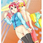  2girls bottomless breasts brown_eyes capcom female gloves green_eyes hand_holding latex latex_gloves looking_back lowres multiple_girls rockman rockman_exe roll.exe roll_exe sakurai_meiru short_hair thighhighs yuri 