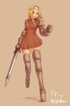  blonde_hair boots final_fantasy final_fantasy_tactics gloves hairband kara_(color) long_hair skirt solo squire_(fft) sword thigh_boots thighhighs weapon 