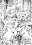  animal_ears blood bloody_clothes blush bone breasts butcher_knife cat_ears chen chopsticks corpse earrings eating eyeball fangs greyscale guro hat jewelry katzeh large_breasts monochrome multiple_girls short_hair touhou translated yakumo_ran yakumo_yukari 