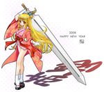  2008 artist_request blonde_hair gloves huge_weapon japanese_clothes legs long_hair orange_eyes samurai_spirits solo suzuhime sword weapon 