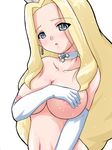  areolae blonde_hair blue_eyes blush breast_hold breasts choker covering elbow_gloves girutaabo gloves large_breasts long_hair nipples nude princess_pride rockman rockman_exe solo sweat 