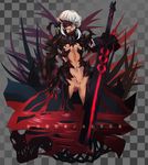  armor artoria_pendragon_(all) ban barbell_piercing black_armor blood breasts character_name checkered checkered_background dark_excalibur fate/stay_night fate_(series) gauntlets highres labia_piercing lip_piercing medium_breasts navel_piercing nipple_piercing nipples no_panties nose_piercing parted_lips piercing pussy saber_alter solo standing sword toned weapon white_hair yellow_eyes 