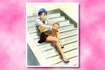  artist_request blue_hair breasts character_request green_eyes high_heels large_breasts panties ribbon school_uniform shirt shoes short_hair sitting sitting_on_stairs skirt smile solo stairs underwear zenkoku_seifuku_bishoujo_grand_prix 