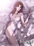  bed bed_sheet breasts brown_hair hokuto_no_ken koitabashi_atsuki large_breasts lying naked_sheet nipple_slip nipples nude on_back solo yuria_(hokuto_no_ken) 