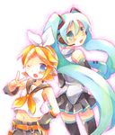  aqua_eyes aqua_hair back-to-back bad_id bad_pixiv_id bare_shoulders blonde_hair blue_eyes blush colored_pencil_(medium) gradient_eyes green_eyes hand_on_hip hatsune_miku headset kagamine_rin long_hair multicolored multicolored_eyes multiple_girls navel one_eye_closed short_hair smile tachitsu_teto thighhighs traditional_media v vocaloid zettai_ryouiki 