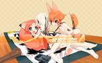  animal_ears barefoot calligraphy_brush copyright_request feet highres multiple_girls nude paintbrush tail unaji wallpaper 