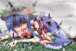  bad_end blood blue_hair food fruit guro hat hinanawi_tenshi knife knifed long_hair lying on_stomach open_mouth peach shimo_(depthbomb) solo tears touhou 