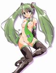  breasts detached_sleeves green_eyes green_hair hatsune_miku headset honoo_teruki long_hair medium_breasts necktie nipples no_pussy nude solo thighhighs traditional_media twintails vocaloid 