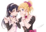  2girls ayase_eli bangs blonde_hair blue_eyes blue_hair blush detached_collar detached_sleeves double_bun earrings frills hair_between_eyes hair_ribbon hands_on_own_chest hands_together hidden_mouth jewelry long_hair love_live! love_live!_school_idol_project maid maid_headdress mogyutto_&quot;love&quot;_de_sekkin_chuu! multiple_girls ponytail ribbon signature simple_background sonoda_umi suito upper_body white_background yellow_eyes 