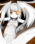  alternate_color black_rock_shooter black_rock_shooter_(character) bra covered_nipples flat_chest kyuu_(pinpo) lingerie long_hair lowres no_pants red_eyes solo spread_legs twintails underwear 