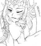  blush breasts crown cum greyscale hairjob hat large_breasts monochrome mouth_hold nipples one_eye_closed paizuri penis pointy_ears princess_zelda solo_focus the_legend_of_zelda 