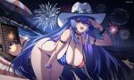  1girl :3 aerial_fireworks alternate_costume american_flag american_flag_bikini american_flag_print armband artist_name azur_lane beach bikini blue_eyes blue_hair breasts choker collarbone cowboy_hat eyebrows_hidden_by_hair eyewear_on_headwear fang fireworks flag_print hair_between_eyes hand_on_own_thigh hat highres large_breasts leaning_forward long_hair manjuu_(azur_lane) new_jersey_(azur_lane) night night_sky one_eye_closed open_mouth print_bikini psidubs salute sidelocks sky solo star-shaped_eyewear star_(symbol) swimsuit umbrella wristband 