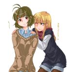  1boy 1girl ahoge akizuki_ryo aliasing blonde_hair blunt_bangs blush brown_eyes brown_sweater commentary crossdressing crossover flat_chest green_hair idolmaster long_hair maman medium_hair one_eye_closed oozora_hibari otoko_no_ko pantyhose scarf shorts stop!!_hibari-kun! sweater translation_request white_background 