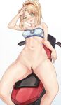  arm_on_head ass_visible_through_thighs bangs bar_censor blonde_hair blush breasts breath buckle censored crop_top fate/grand_order fate_(series) green_eyes ground_vehicle highres mordred_(fate) mordred_(fate)_(all) motor_vehicle motorcycle navel nude ponytail pussy sarhce short_shorts shorts small_breasts smirk stomach thighs tied_hair 