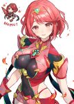  1girl bangs blush breasts chest_jewel earrings fingerless_gloves food gloves highres jewelry large_breasts looking_at_viewer pyra_(xenoblade) red_eyes red_hair short_hair sidelocks smile swept_bangs takeashiro tiara xenoblade_chronicles_(series) xenoblade_chronicles_2 