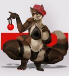  absurd_res anthro ball_gag big_breasts bra breasts bremonqueen_(artist) cleavage clothed clothing crouching gag gynomorph hair hair_over_eye hi_res intersex mammal one_eye_obstructed panties procyonid raccoon solo underwear 
