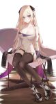  1girl absurdres black_legwear black_panties blonde_hair boots breasts collarbone detached_sleeves g3_(girls_frontline) garter_straps girls_frontline high_heel_boots high_heels highres large_breasts long_hair panties purple_eyes ru_zhai shirt sitting solo thighhighs underwear white_shirt 