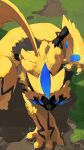  all_fours blue_eyes claws commentary_request electricity from_above gen_7_pokemon grass highres mythical_pokemon pokemon pokemon_(creature) solo yellow_fur yuyu_ekaki_dayo zeraora 