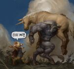  anthro bound bovid bovine clothed clothing detailed_background english_text equid equine european_mythology feral fur greek_mythology hooves horn humor jerome_jacinto male mammal melee_weapon minotaur mouse murid murine muscular muscular_male mythology outside rodent sky speech_bubble sword text trio unicorn weapon white_body white_fur 