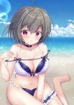  1girl bangs bikini blush breasts cleavage highres king&#039;s_raid large_breasts long_hair looking_at_viewer medium_breasts miwa_uni navel open_mouth short_hair smile solo swimsuit xerah_(king&#039;s_raid) 