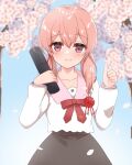  .live 000_(jicasoe) 1girl absurdres blurry blurry_background blush cherry_blossoms collarbone commentary_request flower highres kitakami_futaba looking_at_viewer low_twintails medium_hair petals pink_eyes school_uniform sky smile thumbs_up twintails virtual_youtuber 