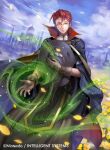  1boy book cape casting_spell castle cloud cloudy_sky fire_emblem fire_emblem_awakening fire_emblem_cipher full_body glasses gloves hat hat_removed headwear_removed official_art outdoors petals red_hair sky tsutsui_misa witch_hat 