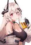  1girl alcohol arknights bangs bare_shoulders beer beer_mug black_gloves blush breasts cleavage commentary_request crop_top cup ear_piercing eyebrows_visible_through_hair gloves hand_up highres holding holding_cup horns ichibi long_hair long_sleeves looking_at_viewer medium_breasts mudrock_(arknights) mug parted_lips piercing pointy_ears red_eyes solo sports_bra upper_body white_hair 
