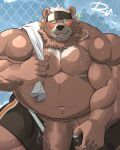  accessory anthro balls belly better_version_at_source biceps big_penis blush bottomwear clothed clothing flaccid genitals goro_(live-a-hero) hair headband hi_res huge_penis live-a-hero male mammal musclegut muscular muscular_anthro muscular_male navel partially_clothed pecs penis reclamon shorts shorts_down solo towel ursid white_hair 