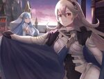  2girls azura_(fire_emblem) bangs blue_eyes cape castle closed_mouth corrin_(fire_emblem) daweykun dress fire_emblem fire_emblem_fates hairband long_hair looking_at_viewer multiple_girls outdoors red_eyes sunset upper_body veil white_hair yellow_eyes 