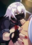  1boy 1girl ahoge alternate_costume bangs black_serafuku black_shirt breasts breasts_outside fate/grand_order fate_(series) fellatio fellatio_under_mask fingerless_gloves gloves hetero jeanne_d&#039;arc_(alter)_(fate) jeanne_d&#039;arc_(fate)_(all) large_breasts mask mouth_mask oral pink_seito red_nails school_uniform serafuku shirt short_hair short_sleeves silver_hair solo_focus sukeban yellow_eyes 