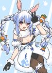  1girl :3 :d animal_ear_fluff animal_ears arm_up bangs black_gloves blue_background blue_dress blue_hair braid breasts buck_teeth bunny-shaped_pupils bunny_ears bunny_tail carrot_hair_ornament chained_tan dithering don-chan_(usada_pekora) dress english_commentary eyebrows_visible_through_hair food_themed_hair_ornament fur-trimmed_dress fur_scarf fur_trim gloves hair_ornament hand_up hikimayu hololive leg_garter leotard leotard_under_clothes long_hair looking_at_viewer multicolored_hair open_mouth pantyhose rabbit_girl scrunchie short_eyebrows small_breasts smile solo strapless strapless_leotard swept_bangs tail thick_eyebrows twin_braids twintails two-tone_hair upper_body usada_pekora v virtual_youtuber white_dress white_hair wrist_scrunchie 