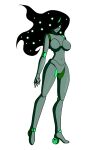  absurd_res anthro black_hair breasts bright_eyes exoskeleton featureless_breasts featureless_crotch female floating_hair green_body green_eyes hair hi_res high_heels horn machine nikku_lunatique nix_(nikku_lunatique) not_furry nude robot simple_background solo tier_(species) 