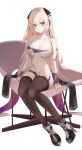  1girl absurdres black_legwear black_panties blonde_hair boots breasts collarbone detached_sleeves g3_(girls_frontline) garter_straps girls_frontline high_heel_boots high_heels highres large_breasts long_hair panties purple_eyes ru_zhai shirt sitting solo thighhighs underwear white_shirt 