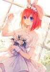  1girl bangs blue_eyes blush bouquet breasts bridal_veil cleavage closed_mouth collarbone cowboy_shot dress dutch_angle eyebrows_visible_through_hair flower go-toubun_no_hanayome hair_between_eyes hair_ribbon highres holding holding_bouquet large_breasts leaf nakano_yotsuba orange_hair ribbon rose sheer_clothes short_hair short_sleeves sidelocks smile solo standing veil wedding_dress white_dress white_flower white_ribbon white_rose window wrist_cuffs yunweishukuang 