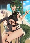  2girls :d animal_ear_fluff animal_ears antenna_hair arknights bangs beach bikini black_bikini black_jacket breasts commentary_request crocodilian_tail cup drinking_glass eyewear_on_head feet_out_of_frame gavial_(arknights) green_hair hair_between_eyes hair_intakes hand_up highres holding holding_cup jacket large_breasts long_hair long_sleeves looking_at_viewer multiple_girls navel open_clothes open_jacket open_mouth pointy_ears ponytail silver_hair sitting smile springveiv stomach sunglasses swimsuit thighs underboob utage_(arknights) utage_(summer_flowers)_(arknights) visor_cap yellow_eyes 