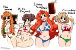  alcohol bikini blonde_hair breasts brown_hair english_flag highres irish_flag large_breasts murgoten orange_hair original red_hair scottish_flag swimsuit tagme tea welsh_flag 